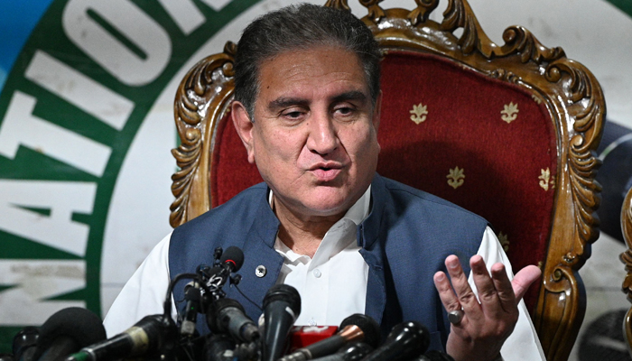 Shah Mahmood Qureshi, Vice Chairman of Pakistan Tehreek-e-Insaf (PTI) party and Pakistans former Foreign Affairs Minister speaks during a press conference in Islamabad on August 19, 2023. — AFP