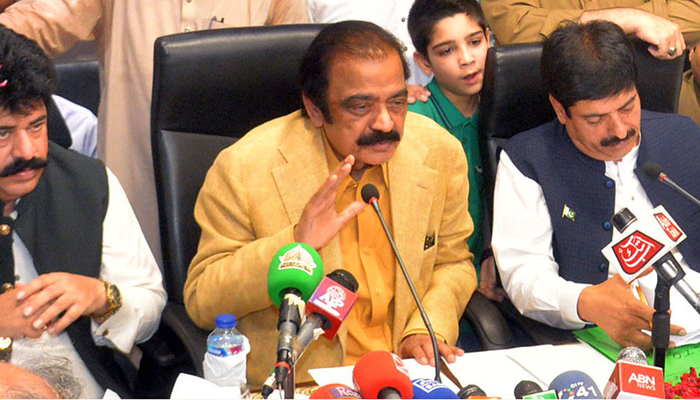 Former Interior Minister Rana Sanaullah while talking to media during his visit to Pakistan Yarn Merchants Association in City on June 17, 2023. — Online