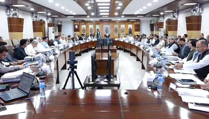 This screengrab taken from a video shows CM KP Azam Khan chairing an official meeting in Peshawar on August 9, 2023. — Twitter/@KPChiefMinister
