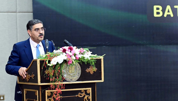 Caretaker Prime Minister, Anwaar-ul-Haq Kakar addresses during a ceremony in honour of the rescuers of the Battagram Chairlift incident, in Islamabad on Thursday, August 24, 2023. — PPI