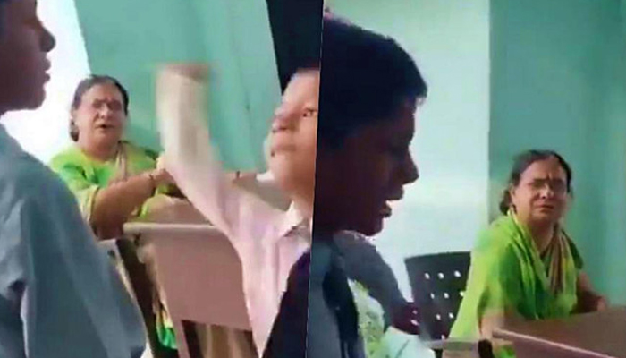 These screengrabs taken from videos circulating on social media show a Muslim child being hit by another child with a teacher sitting in the class.