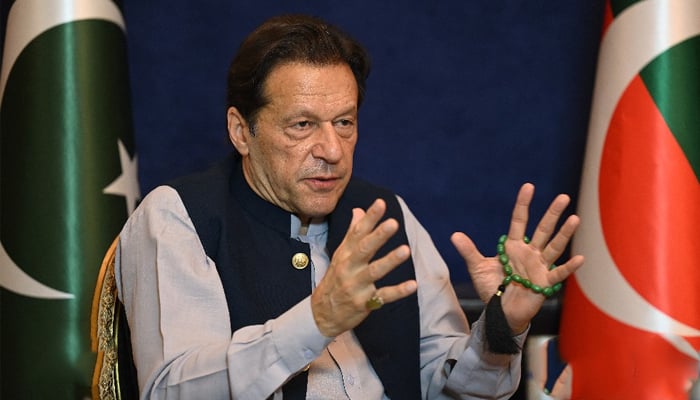 Pakistan Tehreek-e-Insaf Chairman Imran Khan while speaking in an interview in this picture released on March 15, 2023. — Twitter/@AFP