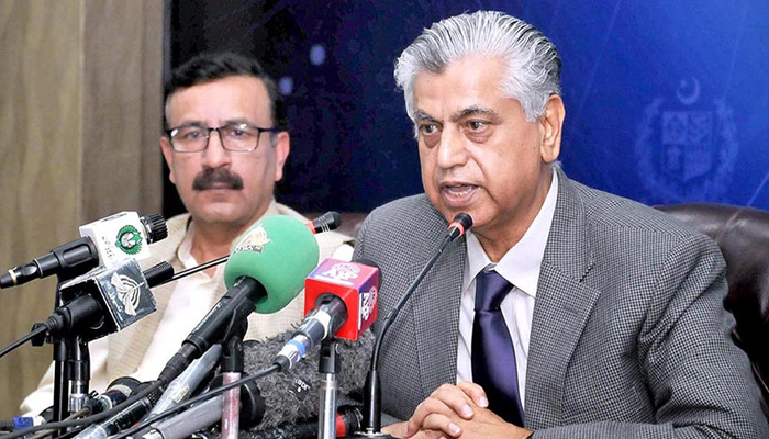 Caretaker Federal Minister for Information and Broadcasting Murtaza Solangi while addressing a press conference. — APP/File