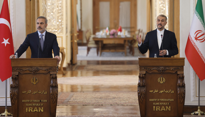 Iran´s Foreign Minister Hossein Amir-Abdollahian (R) holds a joint press conference with his Turkish counterpart Hakan Fidan in Tehran on September 3, 2023. — AFP