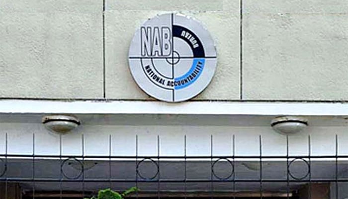 The National Accountability Bureau sign can be seen. — Twitter/Radio Pakistan
