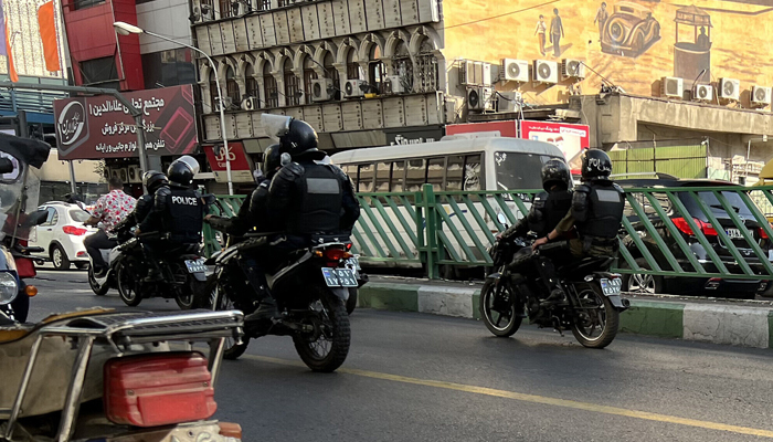 This picture shows Iranian police patrolling in the capital Tehran on October 8, 2022. — AFP