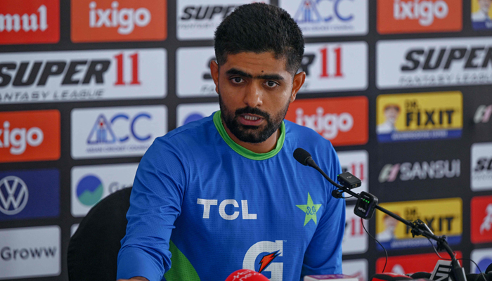 Pakistans captain Babar Azam speaks during a press conference at the R Premadasa Stadium in Colombo on September 9, 2023. — AFP