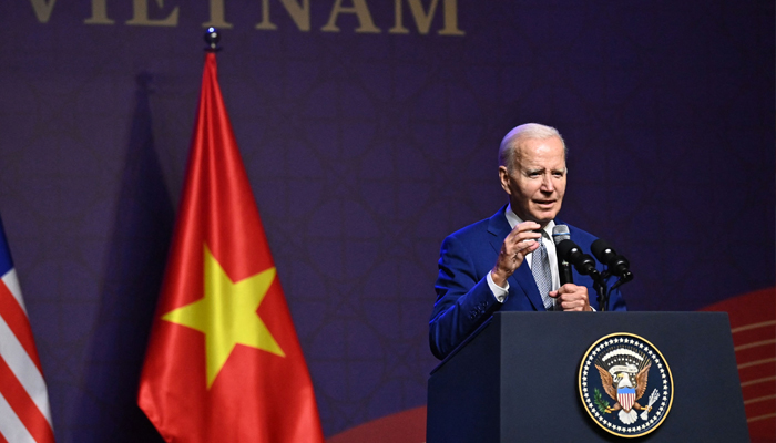 US President Joe Biden holds a press conference in Hanoi on September 10, 2023, on the first day of a visit to Vietnam. — AFP