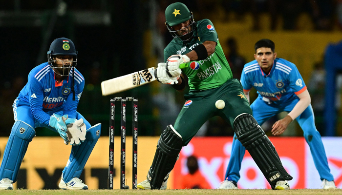 Pakistans Iftikhar Ahmed (C) plays a shot during the Asia Cup 2023 super 4 ODI cricket match between India and Pakistan at the R. Premadasa Stadium in Colombo on September 11, 2023. — AFP