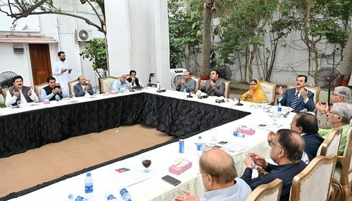 This picture released on August 26, 2023, shows the PPP Central Executive Committee in a meeting with Asif Ali Zardari (C-L) flanked by Chairman Bilawal Bhutto. — Facebook/Syed Yousuf Raza Gillani