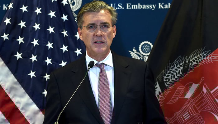 This photo taken on December 06, 2015, shows Ambassador Richard Olson, speaking during a press conference at the US Embassy in Kabul. — AFP