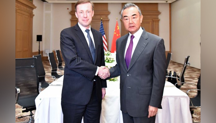 This picture released on September 17, 2023, shows Chinese foreign minister Wang Yi (right) meeting with the US national Security Advisor Jame Sullivan in Malta. — X/@ChinaEmbMalta