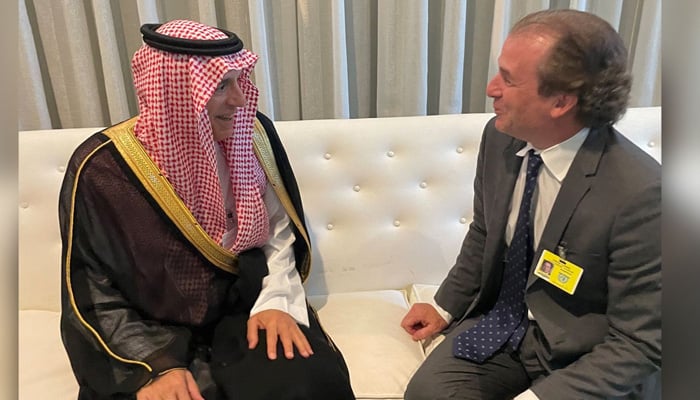 Saudi Minister of State for Foreign Affairs Adel Al-Jubeir meeting with Daniel Rosen, the Vice Chairman of the American Jewish Congress. — Photo sourced via author