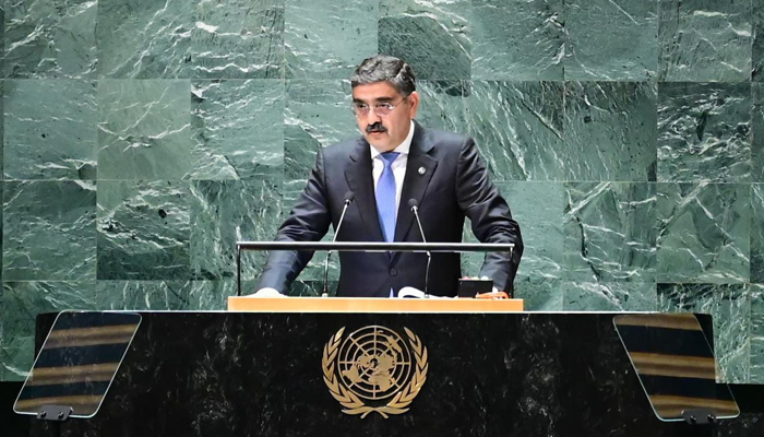 Caretaker Prime Minister Anwaar-ul-Haq Kakar while addressing UNGA 78 in New Yotk in this picture released on September 22, 2023. — X/@PakPMO
