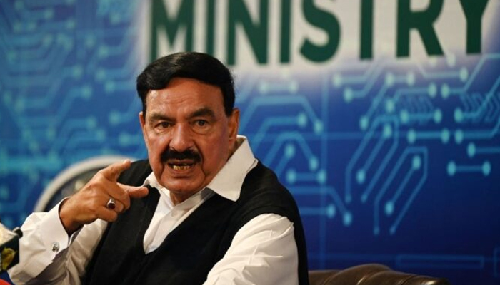Former interior minister Sheikh Rashid Ahmed while speaking with the media in Islamabad. — AFP/File