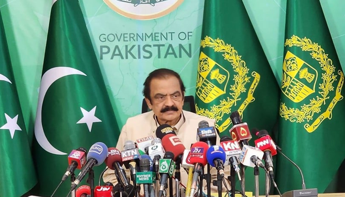Former Interior Minister Rana Sanaullah addressing a press conference in Islamabad. — PID/FIle