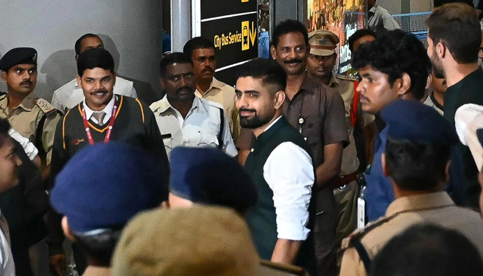 Pakistan captain Babar Azam arrives with his team at the Rajiv Gandhi International Airport in Hyderabad ahead of the start of the World Cup on September 27, 2023. — AFP
