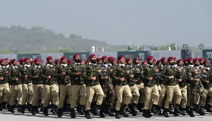 Pakistan Army’s Special Service Group (SSG) commandos march during the military parade to mark Pakistan Day. — AFP/File