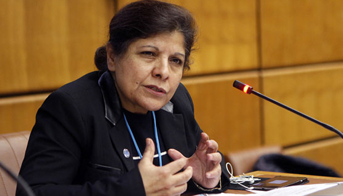 Caretaker Minister of Finance, Revenue and Economic Affairs Division, Dr Shamshad Akhtar while addressing a press conference on September 28, 2023 in Islamabad. — APP