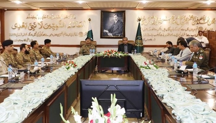 Chief of Army Staff (COAS) General Asim Munir (left) along with Caretaker Punjab Chief Minister Mohsin Raza Naqvi while attending the Provincial Apex Committee meeting in Lahore in this picture released on September 28, 2023. — ISPR