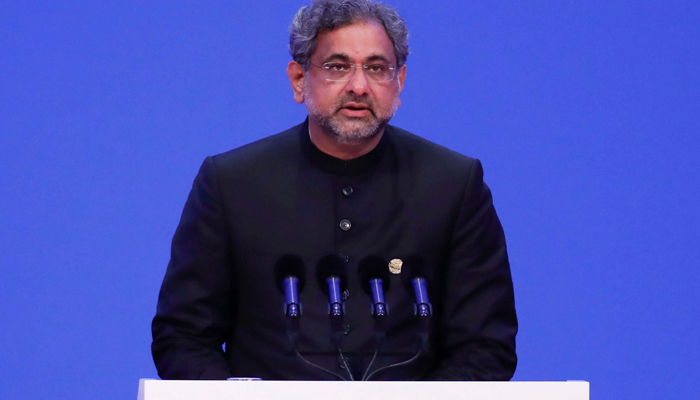 Former prime minister Shahid Khaqan Abbasi while speaking at a conference. — AFP/File