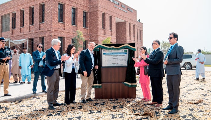 US Ambassador to Pakistan Donald Blome (center) during the inauguration ceremony of the reconstruction of Government High School Adam Khan Panhwar in Jacobabad district of Sindh on October 10, 2023. — US Embassy and Consulates website