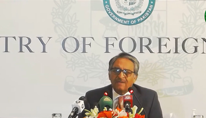 Caretaker Foreign Minister Jalil Abbas Jilani while addressing a press conference in Islamabad, in this still taken from a video released on October 15, 2023. —  YouTube/ForeignOfficePk