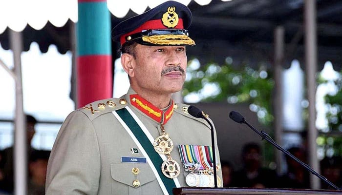 COAS General Syed Asim Munir speaks while addressing passing out cadets and their parents at the Pakistan Military Academy (PMA) on April 29, 2023. — APP