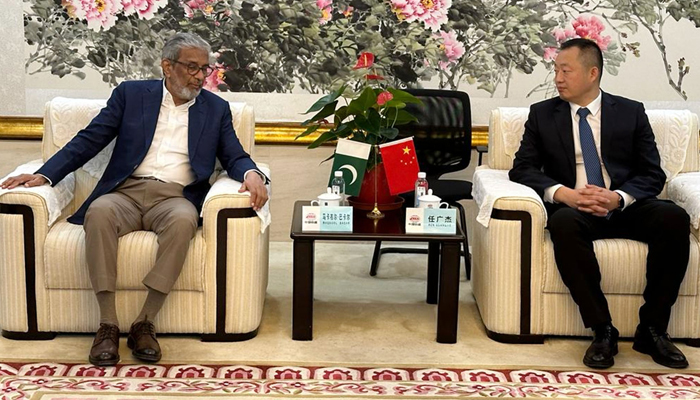 Caretaker Sindh Chief Minister Justice (rtd) Maqbool Baqar (left) discusses Karachi Circular Railway (KCR) project with CRCC Vice President Ren Guangjie at CRCC headquarters in Beijing on October 17, 2023. — X/@SindhCMHouse