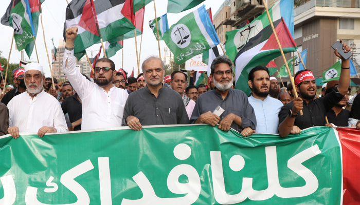 Hafiz Naeemur Rehman (c), chief of Jamaat-e-Islami Karachi during a rally in support of Palestine in Karachi in this picture released on October 16, 2023. — Facebook/Jamaat e Islami Karachi