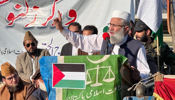 Jamaat-e-Islami chief Sirajul Haq while delivering a speech during a workers convention held at the Markaz-e-Islami, Chitral on October 18, 2023. — Facebook/Siraj ul Haq