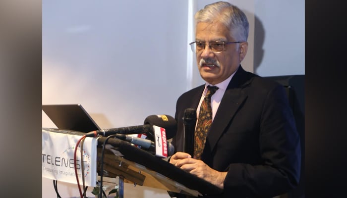 Pakistan Electronic Media Regulatory Authority (Pemra) Chairman Mirza Saleem Baig while speaking in a public event on August 25, 2023. — Facebook/Report Pemra