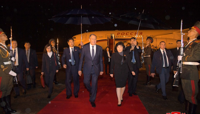 Foreign Minister Sergei Lavrov as he lands in the North Korean capital Pyongyang in this picture released on October 19, 2023. — KCNA