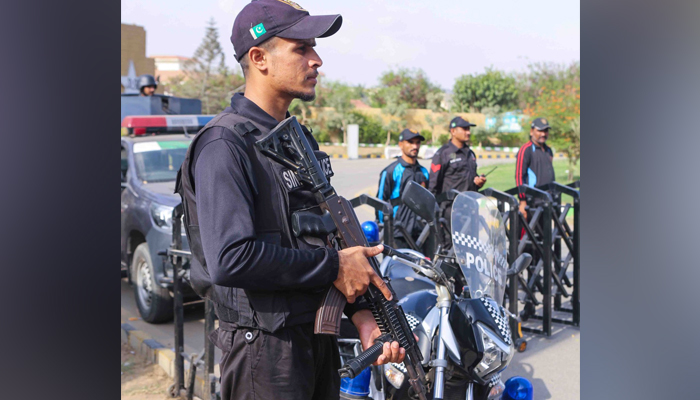 Police personnel can be seen standing guard in Karachi in this picture released on September 3, 2023. — X/@ssusindhpolice