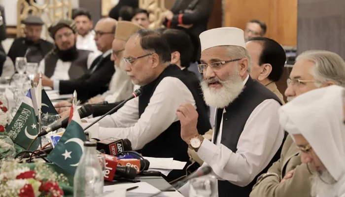 Jamaat-i-Islami ameer Sirajul Haq while speaking with the media in this picture released on October 17, 2023. — Facebook/Jamaat -e- Islami Pakistan
