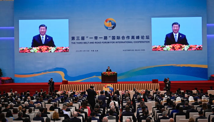 Chinas President Xi Jinping speaks during the opening ceremony of the third Belt and Road Forum for International Cooperation at the Great Hall of the People in Beijing on October 18, 2023. — AFP
