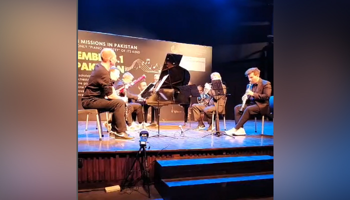 Performers are performing music of German instrumentalists under the band Ensemble 4.1, who played chamber music compositions by Beethoven and 20th-century German composer Walter Gieseking in this still released on October 21, 2023, in Karachi. — Instagram/@germanyinkhi