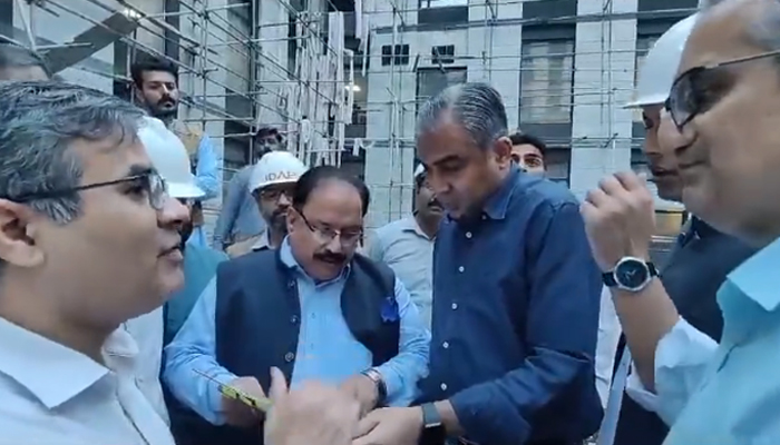 Punjab Chief Minister Mohsin Naqvi (C) while visiting an under-construction facility on October 21, 2023, in this still. — X/@MohsinnaqviC42
