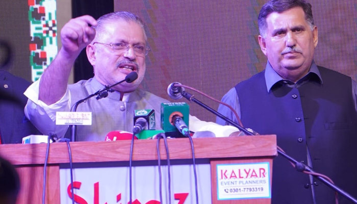 Pakistan Peoples Party leader Sharjeel Inam Memon while addressing people in Peshawar KPK on October 5, 2023. — Facebook/Sharjeel Inam Memon