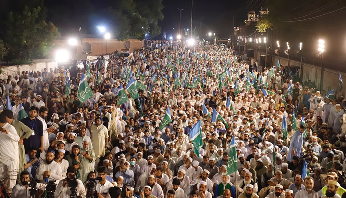 Jamaat-i-Islami (JI) supporters listening to their chief Siraj Ul Huq (not pictured) in this picture released on September 20, 2023. — Facebook/Jamaat-e-Islami Peshawar Official
