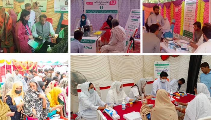 This combination of photographs released on October 23, 2023, shows healthcare workers during a Health Week in the province of Punjab for screening and vaccination. — X/@PSHDept