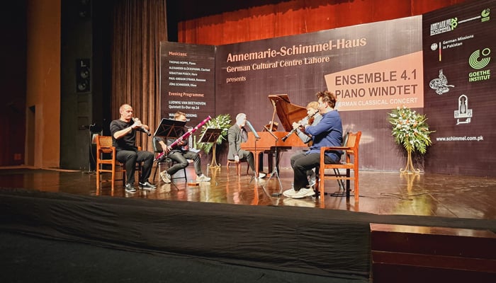 The participants of the Ensemble 4.1 playing pieces by Ludwig van Beethoven and Walter Gieseking at Hall 1, Alhamra Lahore Arts Council on October 23, 2023. — Facebook/Annemarie Schimmel Haus