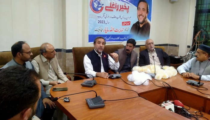 Mayor Mardan Himayatullah Mayar while speaking in Mardan Press Club on October 17, 2023. — Facebook/Himayat Ullah Mayar