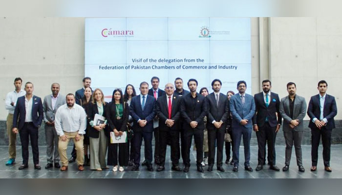A high-profile business delegation of FPCCI led by Muhammad Nadeem Qureshi, visiting the Spanish Chamber of Commerce poses for a photograph on October 19, 2023. — X/@FPCCI1