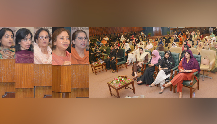 Participants (right) can be seen listening to the speakers (left) during the International Islamic University Islamabad (IIUI) conference of Less Talk, More Action: Changing the Course of Womens Academic Leadership in Islamabad in this picture released on October 22, 2023. — Facebook/International Islamic University, Islamabad (IIUI)