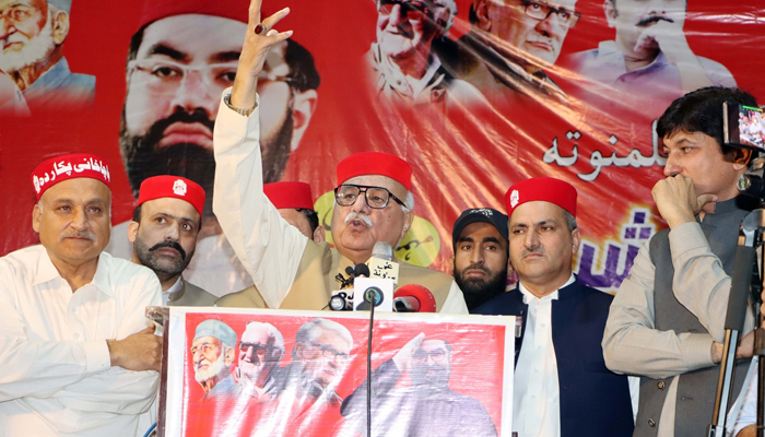 The Awami National Party (ANP) leader Mian Iftikhar Hussain, while addressing a gathering of the party workers in Shabqadar on October 24, 2023. — Facebook/Mian Iftikhar Hussain