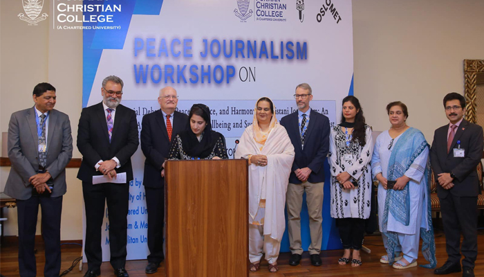 Attendants can be seen on the stage on the occasion of a three-day Peace Journalism Workshop at Forman Christian College (A Chartered University) on October 25, 2023. — Facebook/Forman Christian College