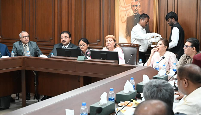 Sindh caretaker education minister Mrs Rana Hussain, speaking during a meeting at Committee Room 7th Floor New Sindh Secretariat Building in Karachi on October 3, 2023. — Facebook/School Education & Literacy Department, Government of Sindh