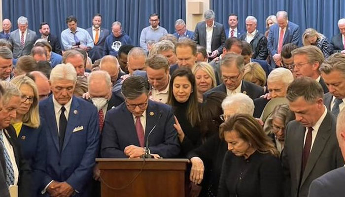 Last night after being elected candidate for Speaker, Congressman Mike Johnson asked the Republican conference to bow their heads and join him in prayer. — X/bennyjohnson