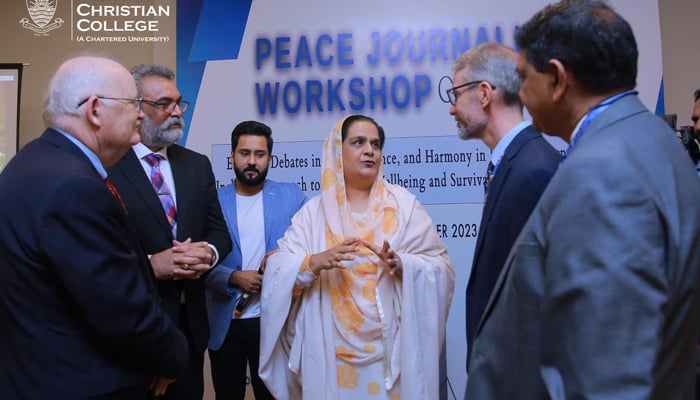 People can be seen interacting with each other during the 3-day peace journalism workshop “Essential debates in peace, balance and harmony in Pakistani journalism: An inclusive approach to audience well-being and survival as mainstream journalists” at the Forman Christian College on October 24, 2023. — Facebook/Forman Christian College